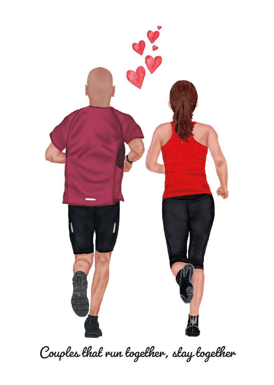 Two people running side by side with hearts above them and text 'Couples that run together, stay together' on a white background.
