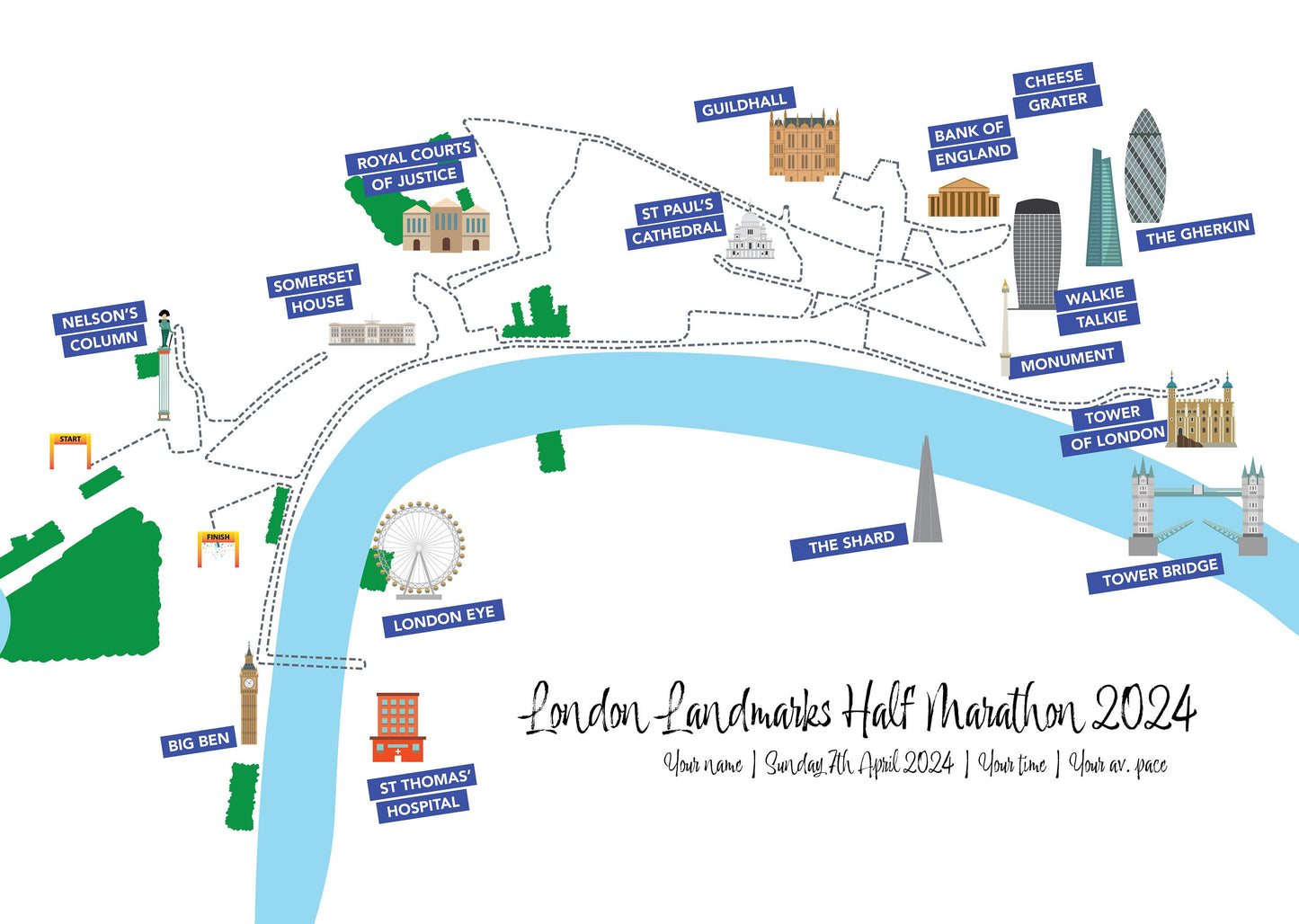 Personalised London Landmarks Half Marathon Map