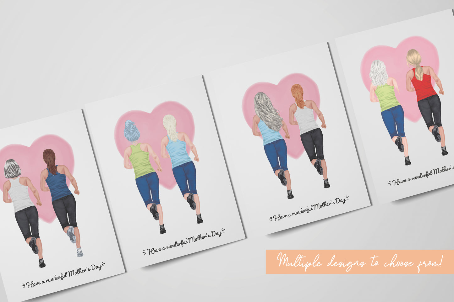 Picture of four greeting cards with an illustration of two women running with a heart in the background, with text 'Have a runderful Mother's Day.'