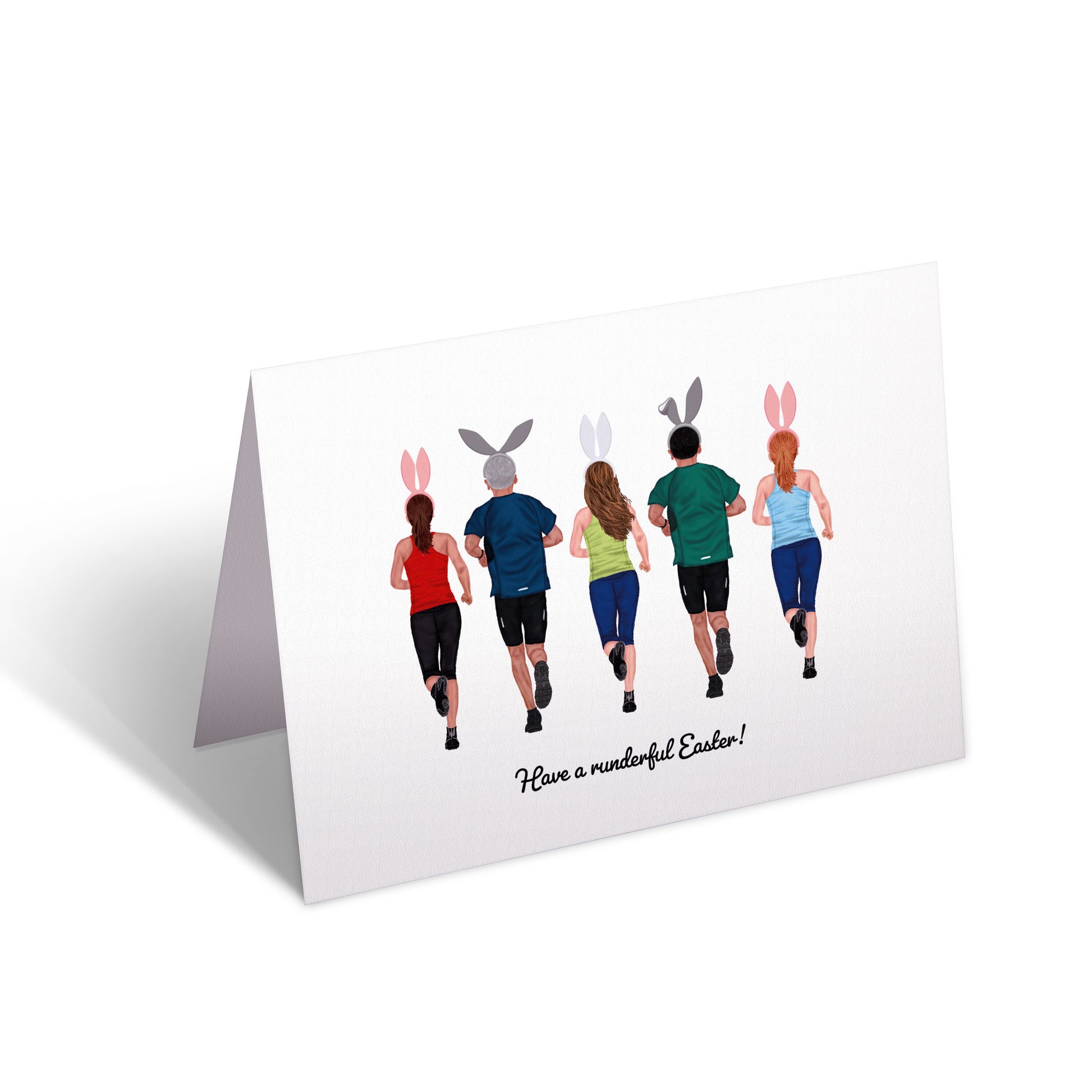 A greeting card with an illustration of four runners from the back, with bunny ears on the heads of two characters, and the text 'Have a Runderful Easter!' on the front.