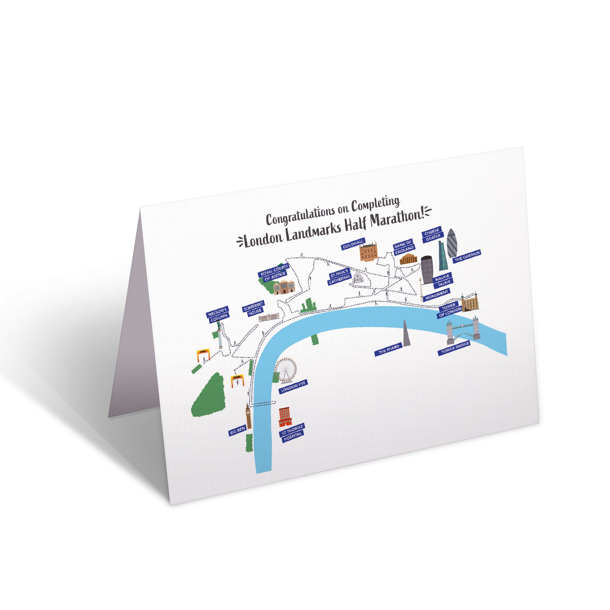 A greeting card with a illustration of the London Landmarks Half Marathon route map, with landmarks and a finish line, and a message of congratulations on completing the marathon.