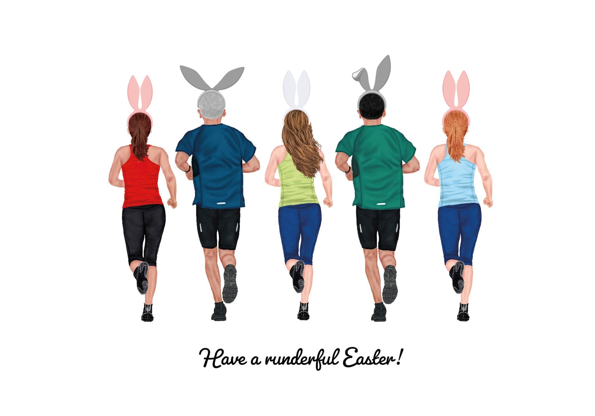Five people wearing bunny ears and running attire with a text 'Have a runderful Easter!' on a white background.