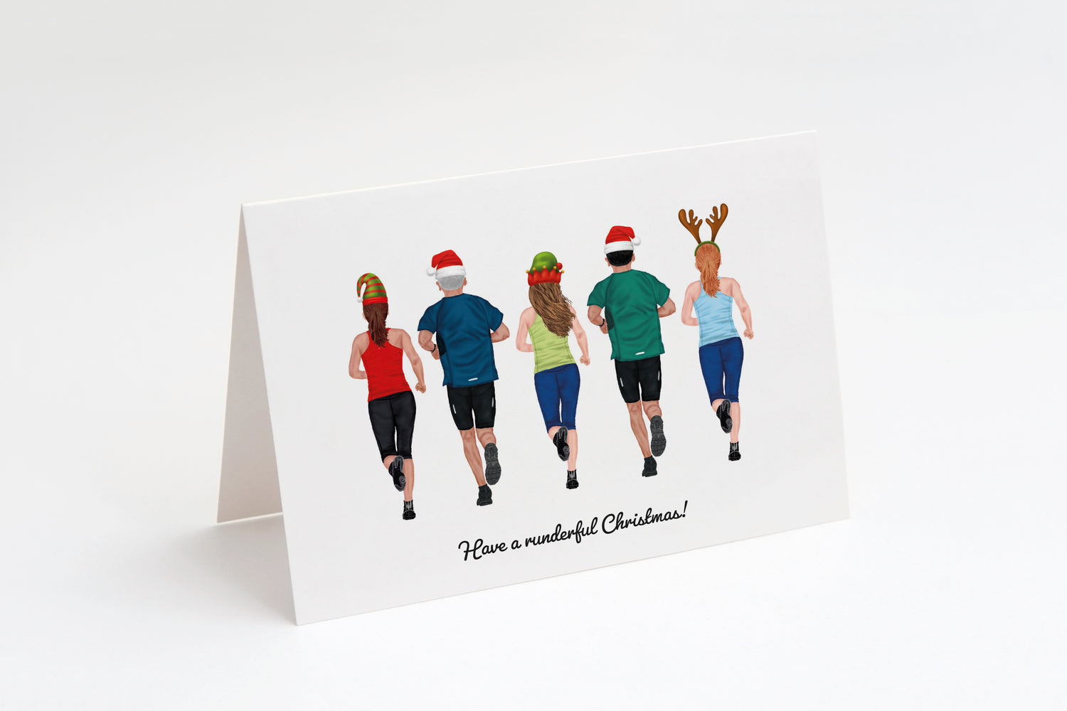 Greeting card with runners wearing Christmas-themed outfits on a white background, with the text "Have a Runderful Christmas" underneath.