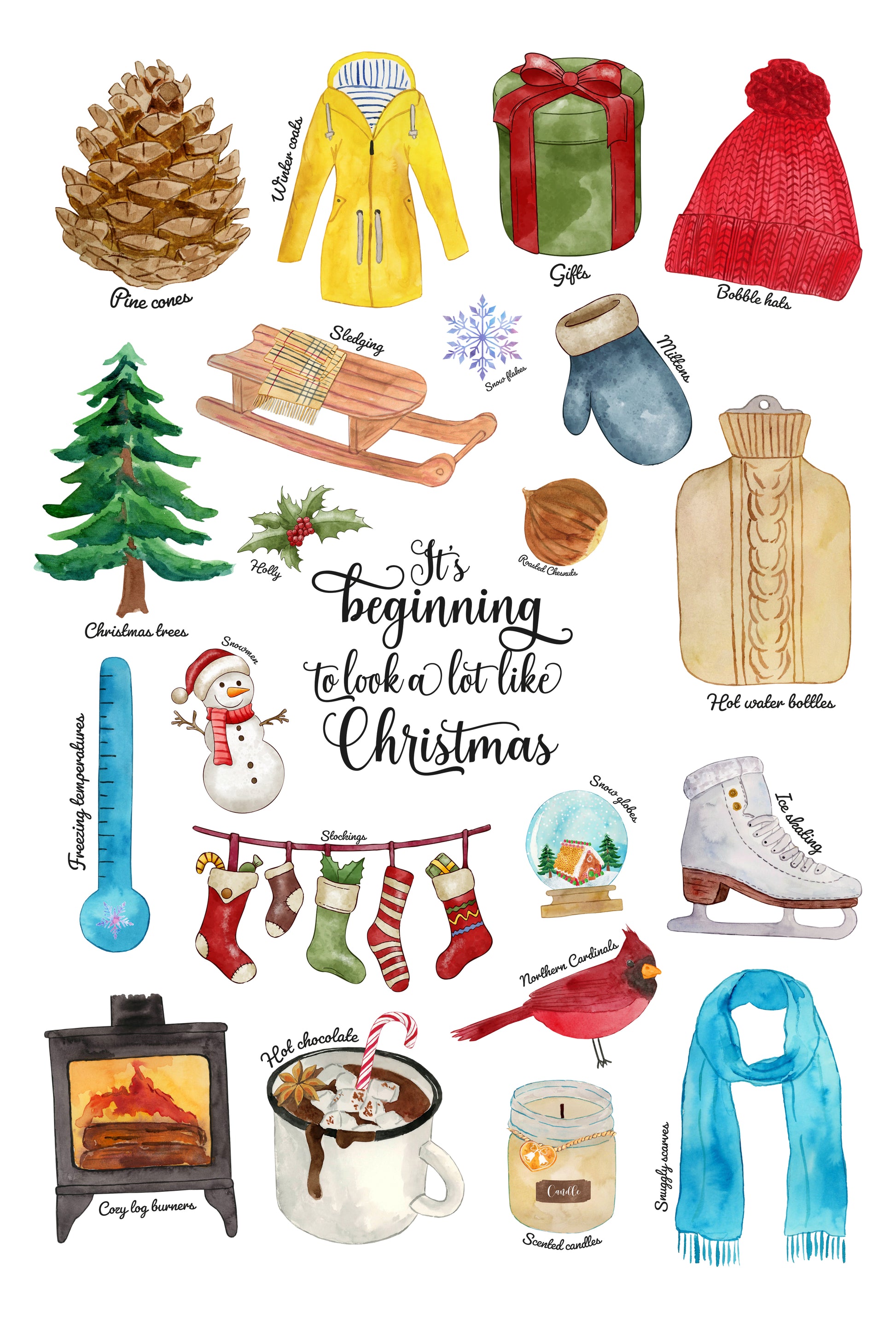 Collection of Christmas-themed illustrations including a pine cone, raincoat, sled, gift, mittens, tree, snowman, stocking, ice skates, fireplace, mug with hot chocolate, and scarf on a white background.