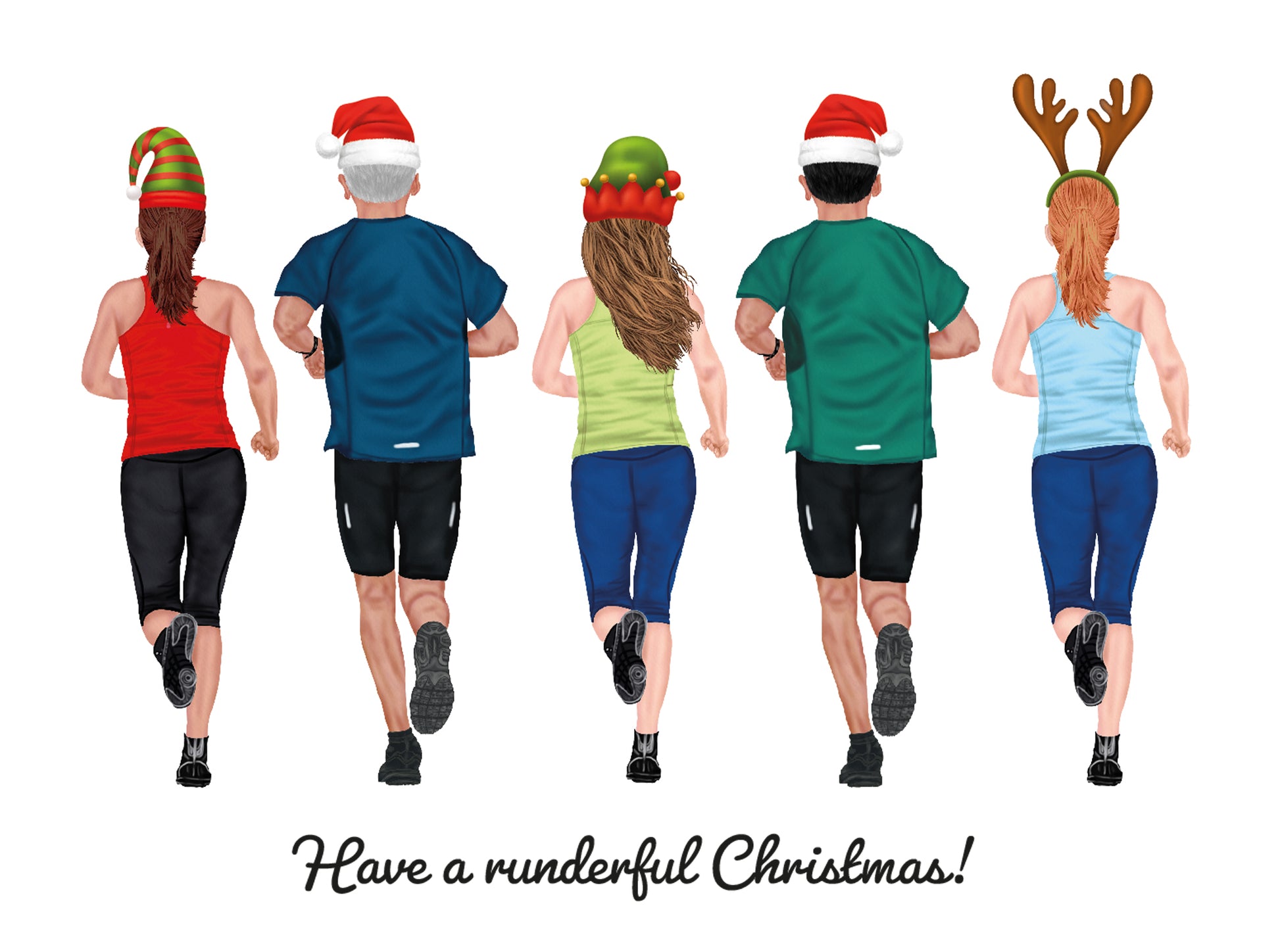 Five people running with Christmas-themed hats and outfits, with text 'Have a runderful Christmas!' on a white background.