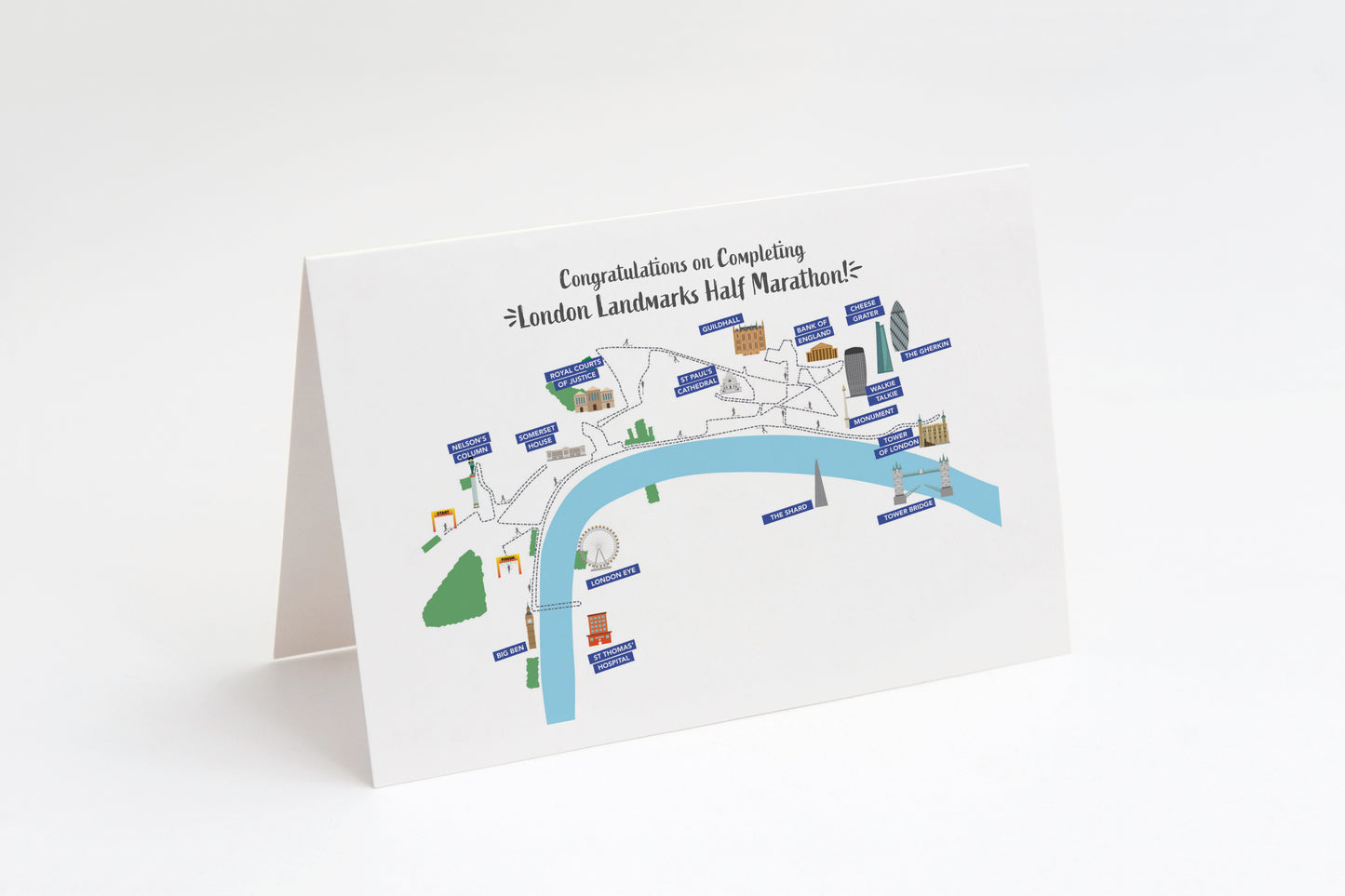 Greeting card with a map of London landmarks and text on a white background