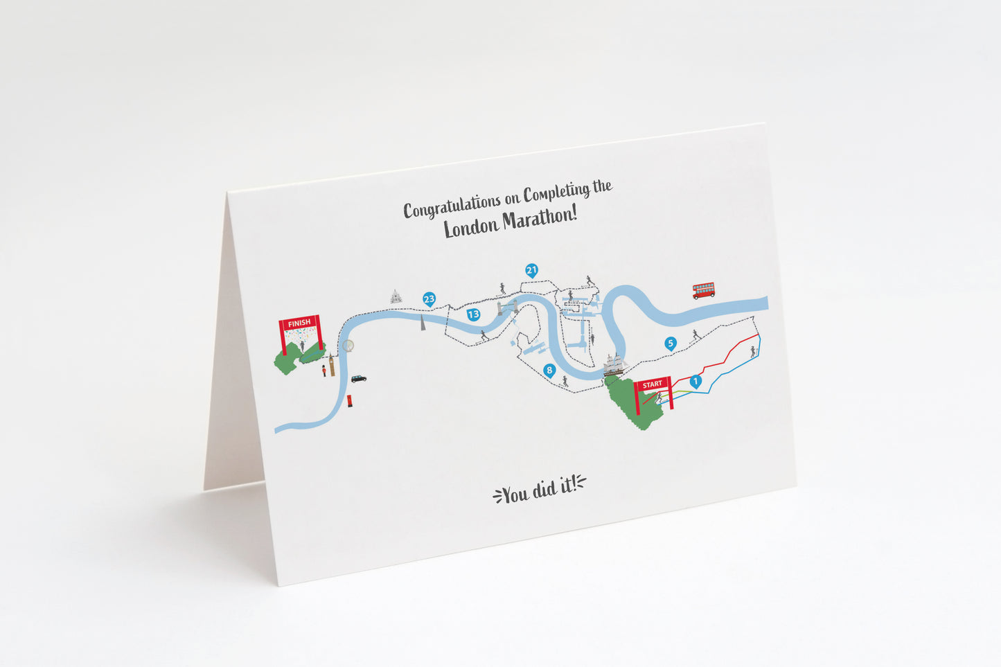 A greeting card designed to celebrate completion of the London Marathon, featuring a route map with landmarks and a 'Congratulations' message.