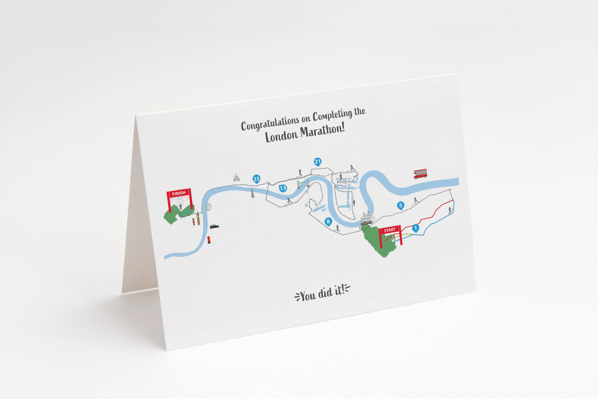 A greeting card designed to celebrate completion of the London Marathon, featuring a route map with landmarks and a 'Congratulations' message.