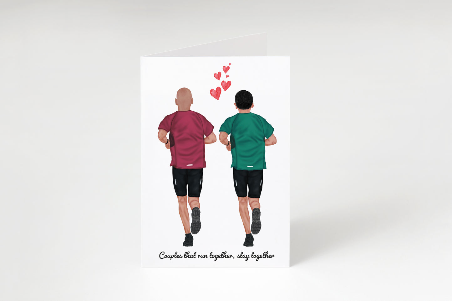 Two men running with hearts above them on a white background