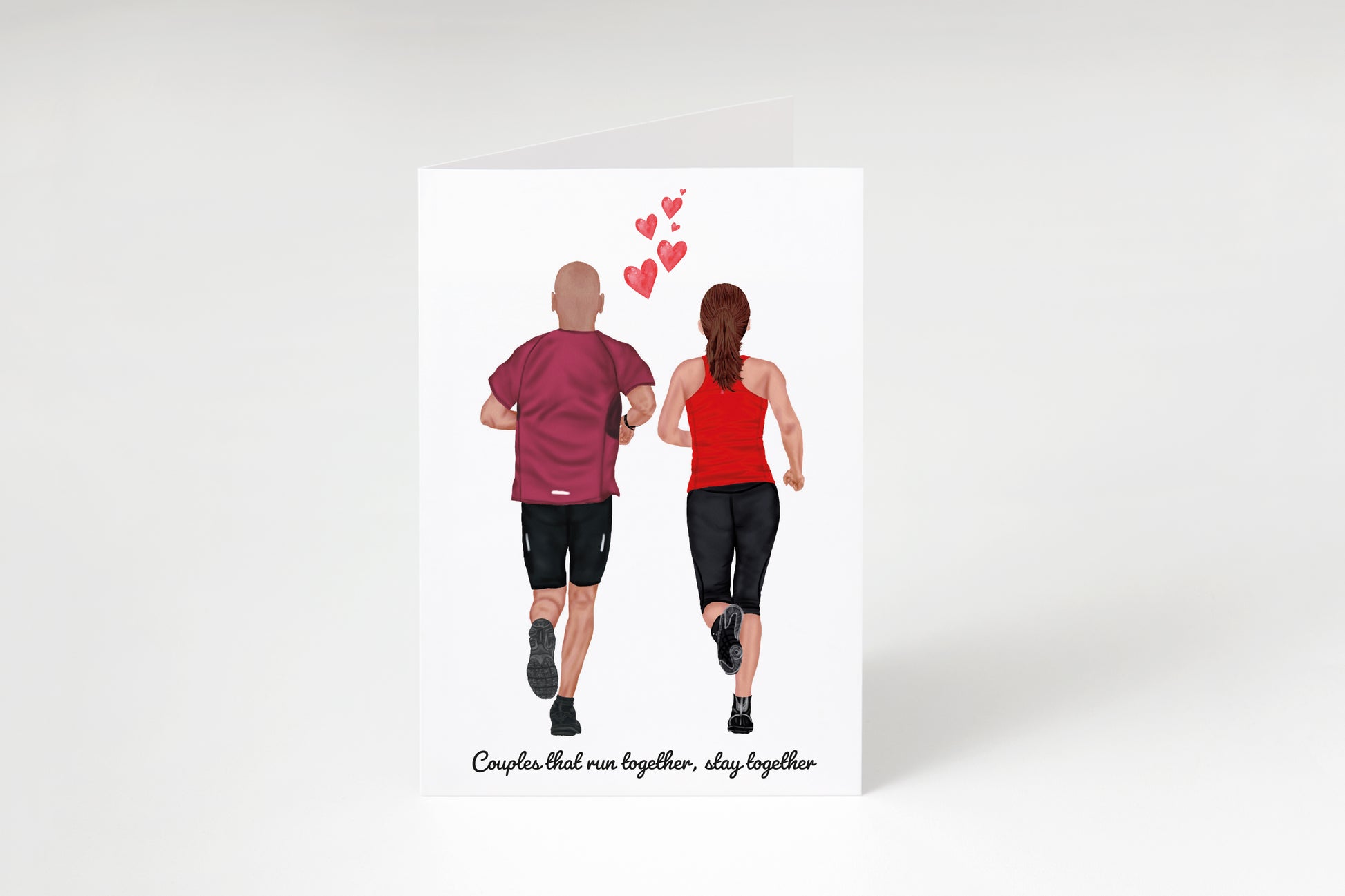 Illustration of a couple running together with hearts above them on a white background.