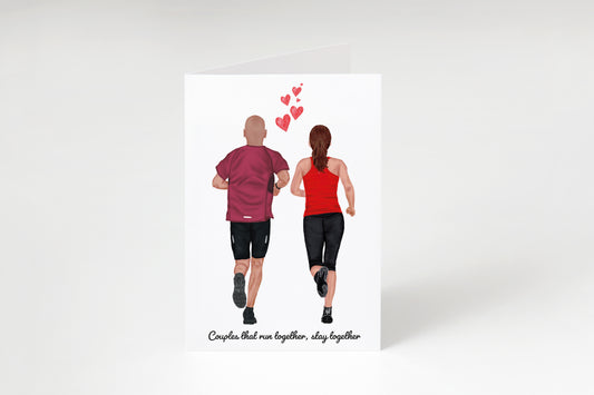 Illustration of a couple running together with hearts above them on a white background.