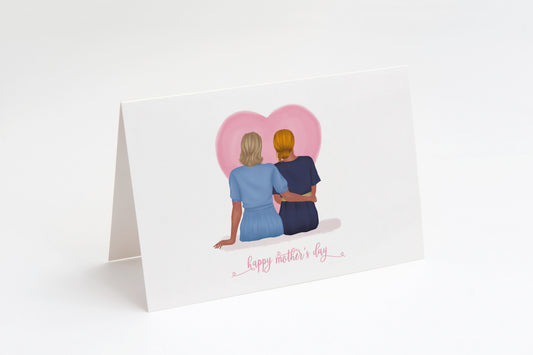 Greeting card with illustration of a Mother and Daughter and a heart, 'Happy Mother's Day' text on a white background