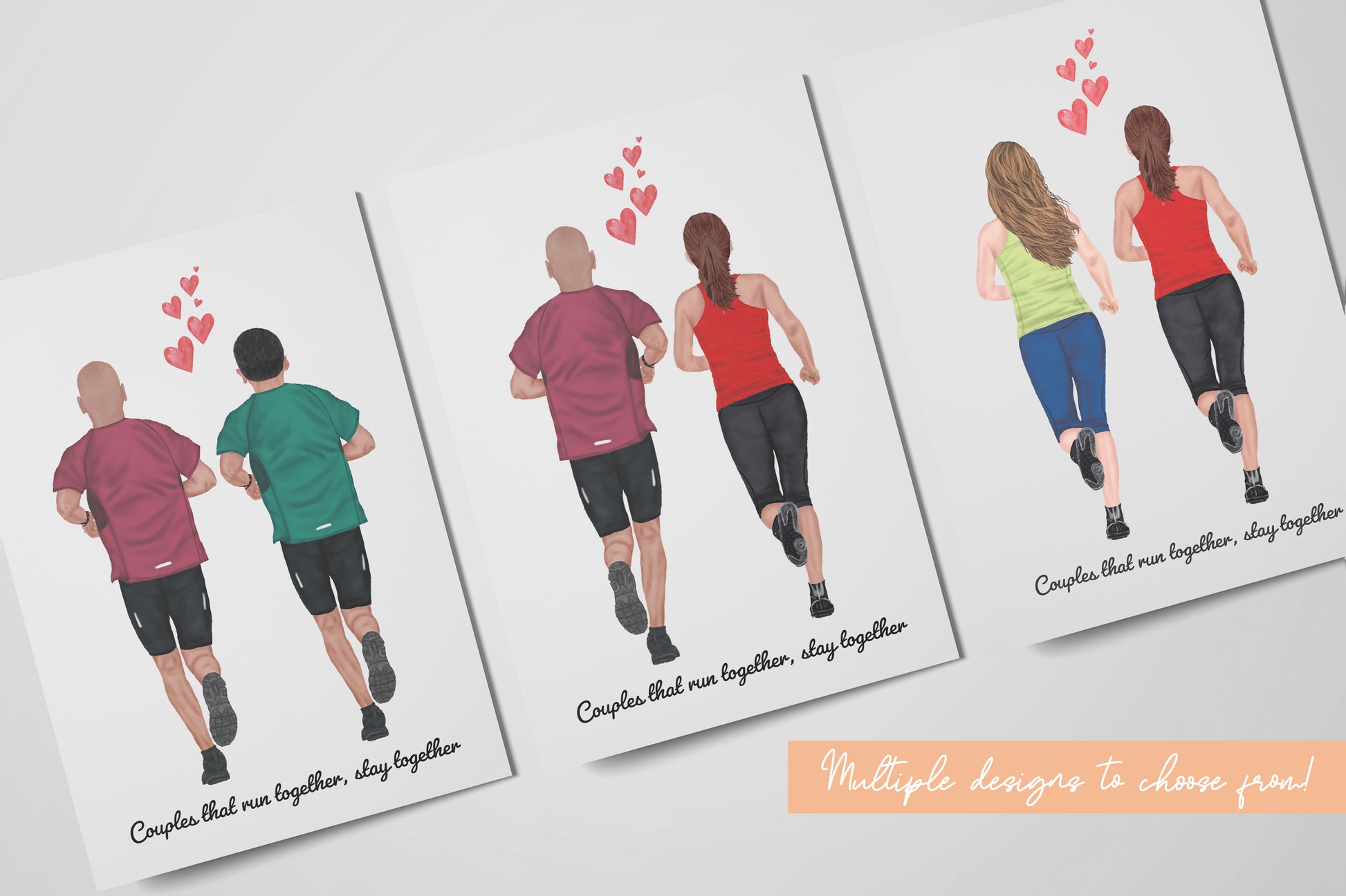 A set of three greeting cards featuring illustrations of couples running together, with each other's backs turned to the viewer, set against a white background. 