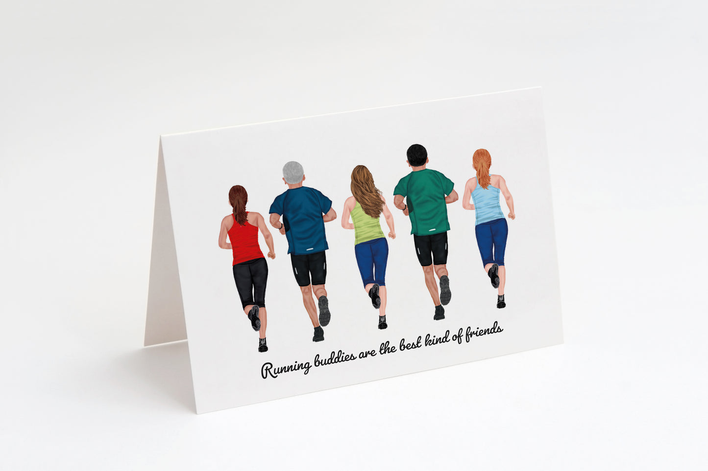 Card with illustration of five people running and text 'Running buddies are the best kind of friends' on a white background