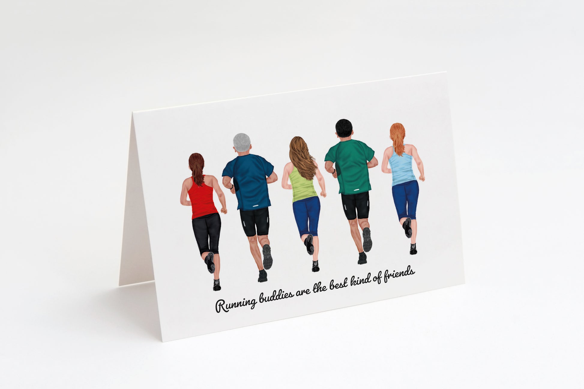 Card with illustration of five people running and text 'Running buddies are the best kind of friends' on a white background
