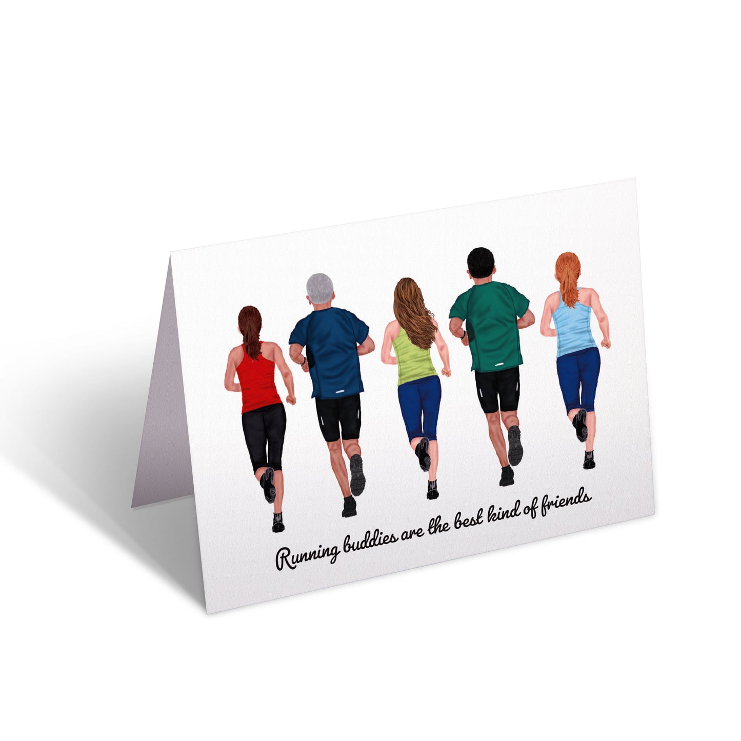 A greeting card with an illustration of five adults in running attire, positioned in a line, with the text 'Running buddies are the best kind of friends' on the bottom.