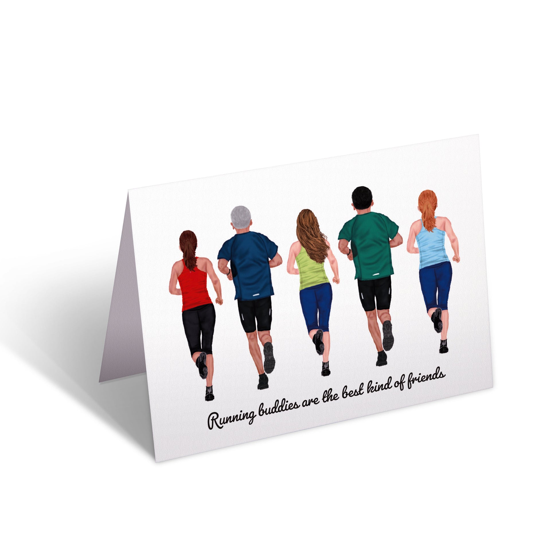 A greeting card with an illustration of five adults in running attire, positioned in a line, with the text 'Running buddies are the best kind of friends' on the bottom.