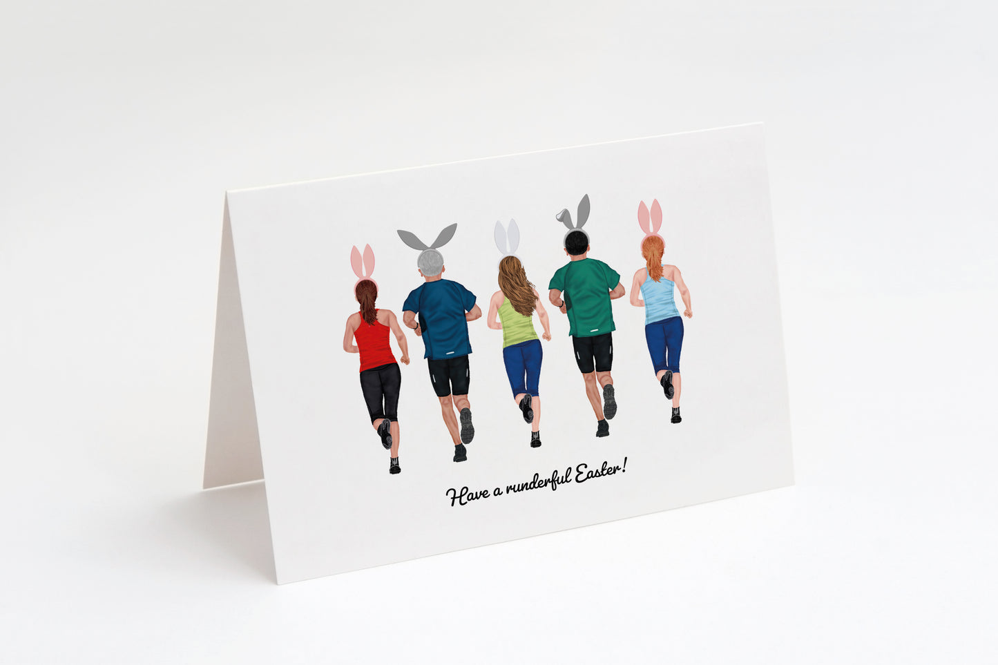 Greeting card with illustrations of people wearing bunny ears on a white background