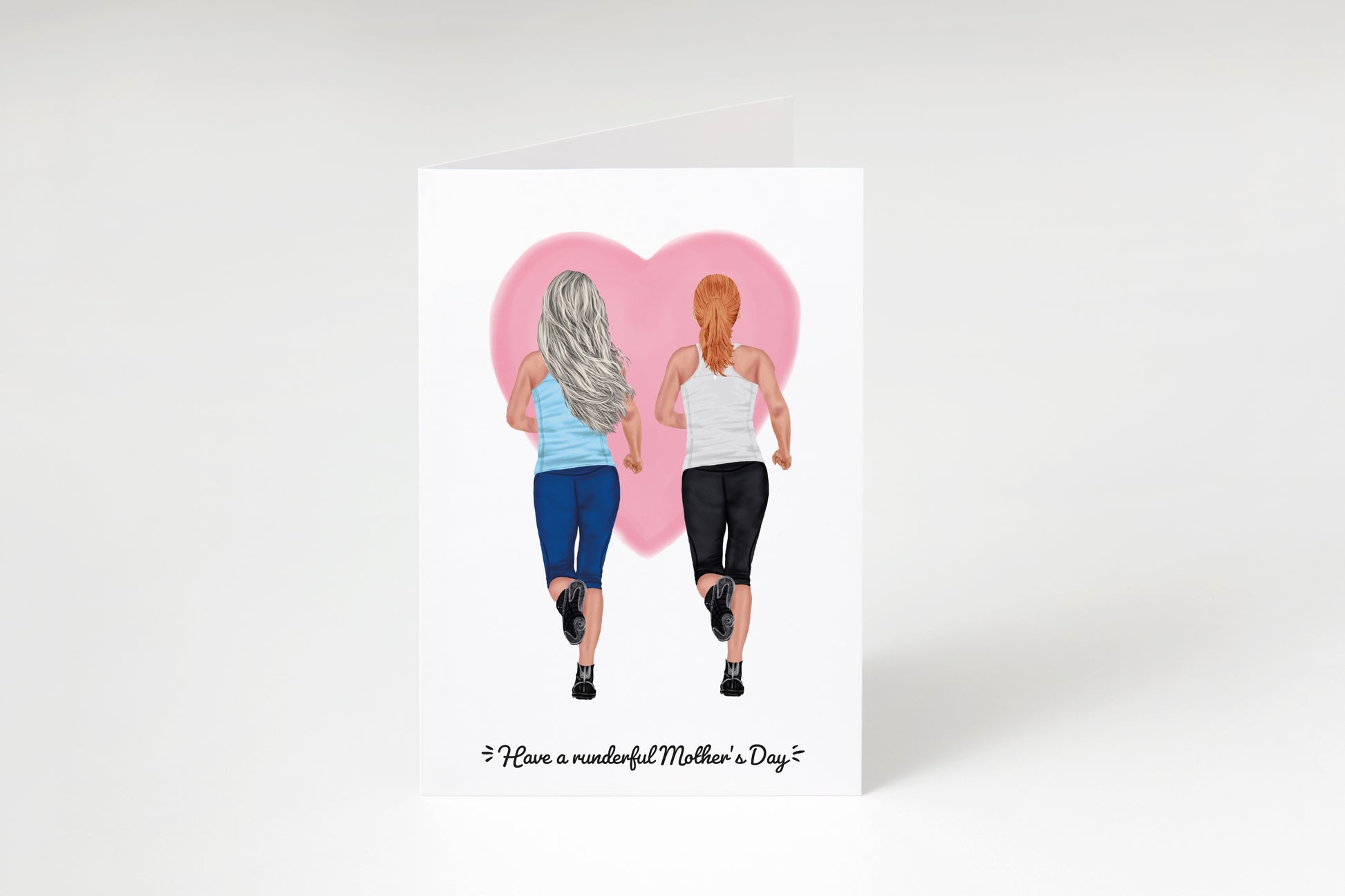 Illustration of two women running with a heart in the background, with text 'Have a runderful Mother's Day.'