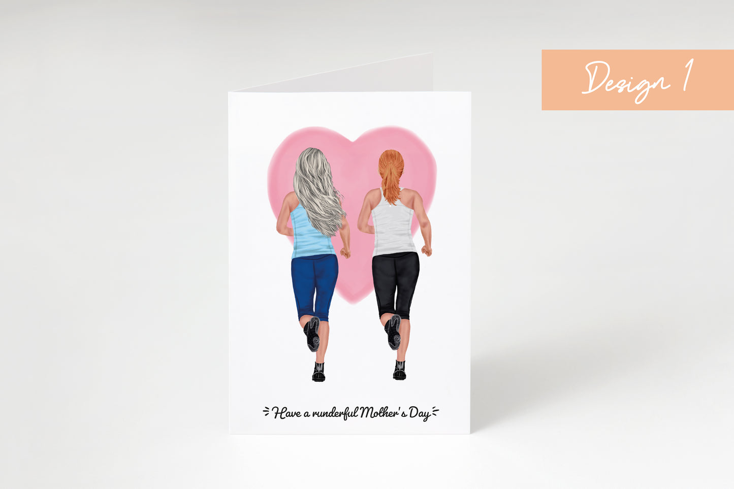 Card with illustration of women people running behind a pink heart, with text 'Have a runderful Mother's Day'.