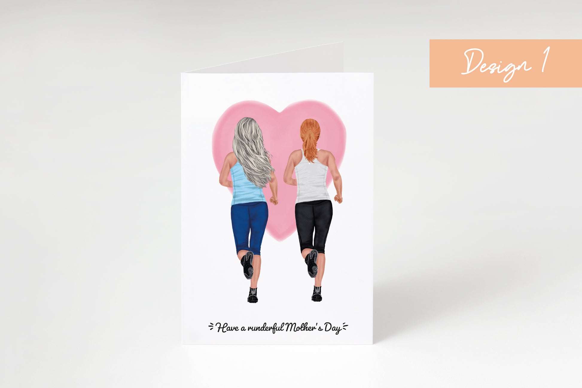 Card with illustration of women people running behind a pink heart, with text 'Have a runderful Mother's Day'.