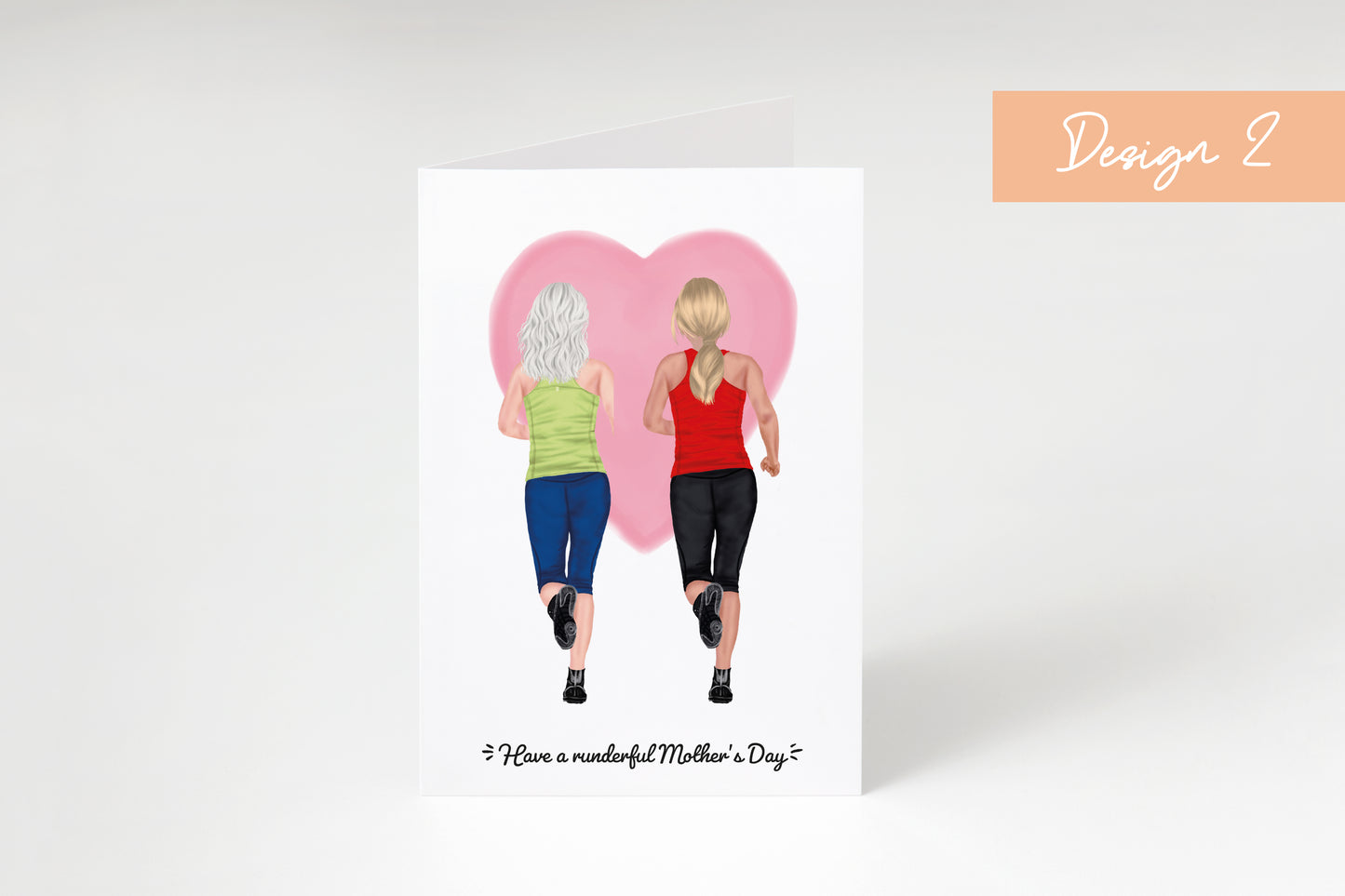 Illustration of two women running with a heart in the background, with text 'Have a runderful Mother's Day.'