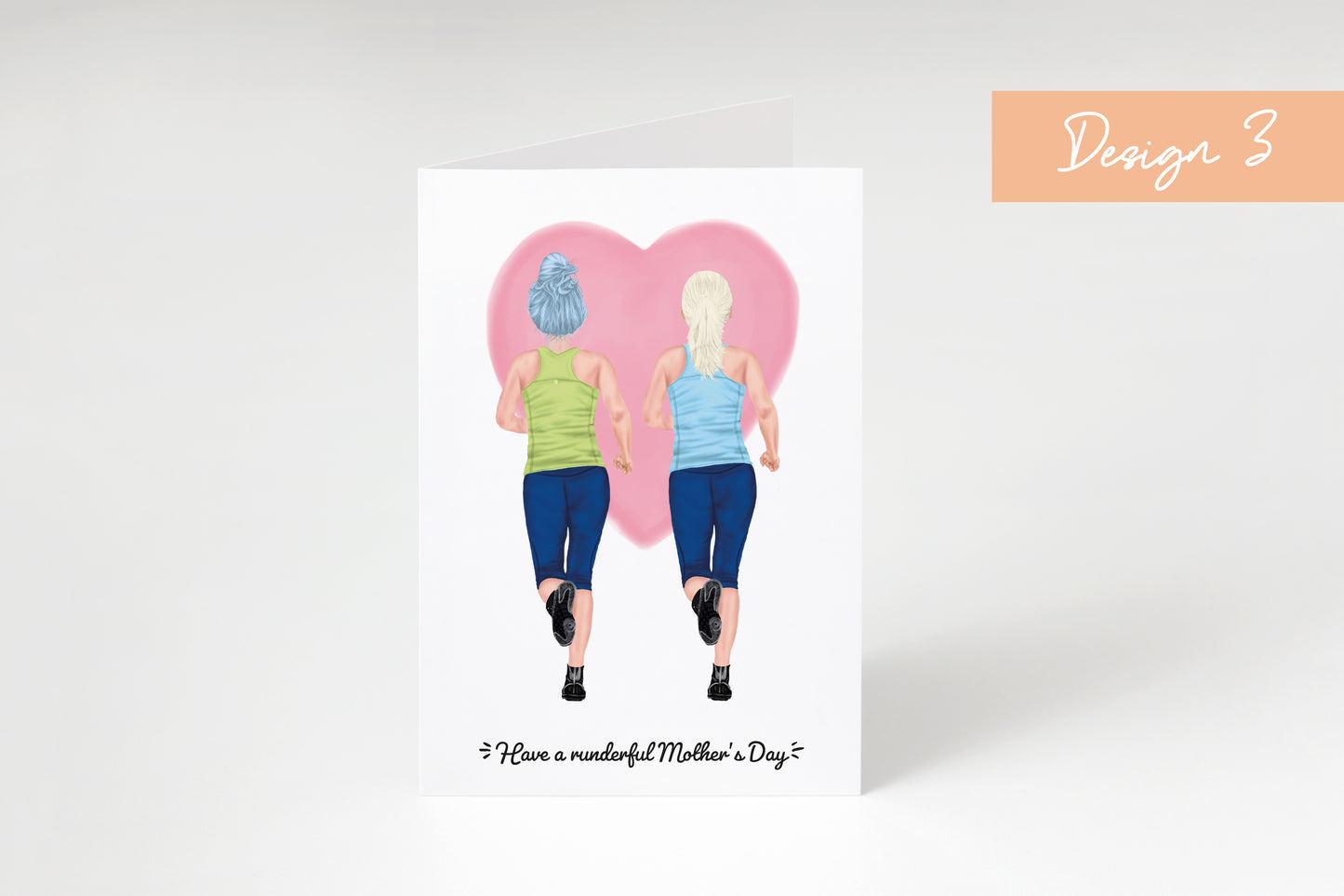 Illustration of two women running with a heart in the background, with text 'Have a runderful Mother's Day.'