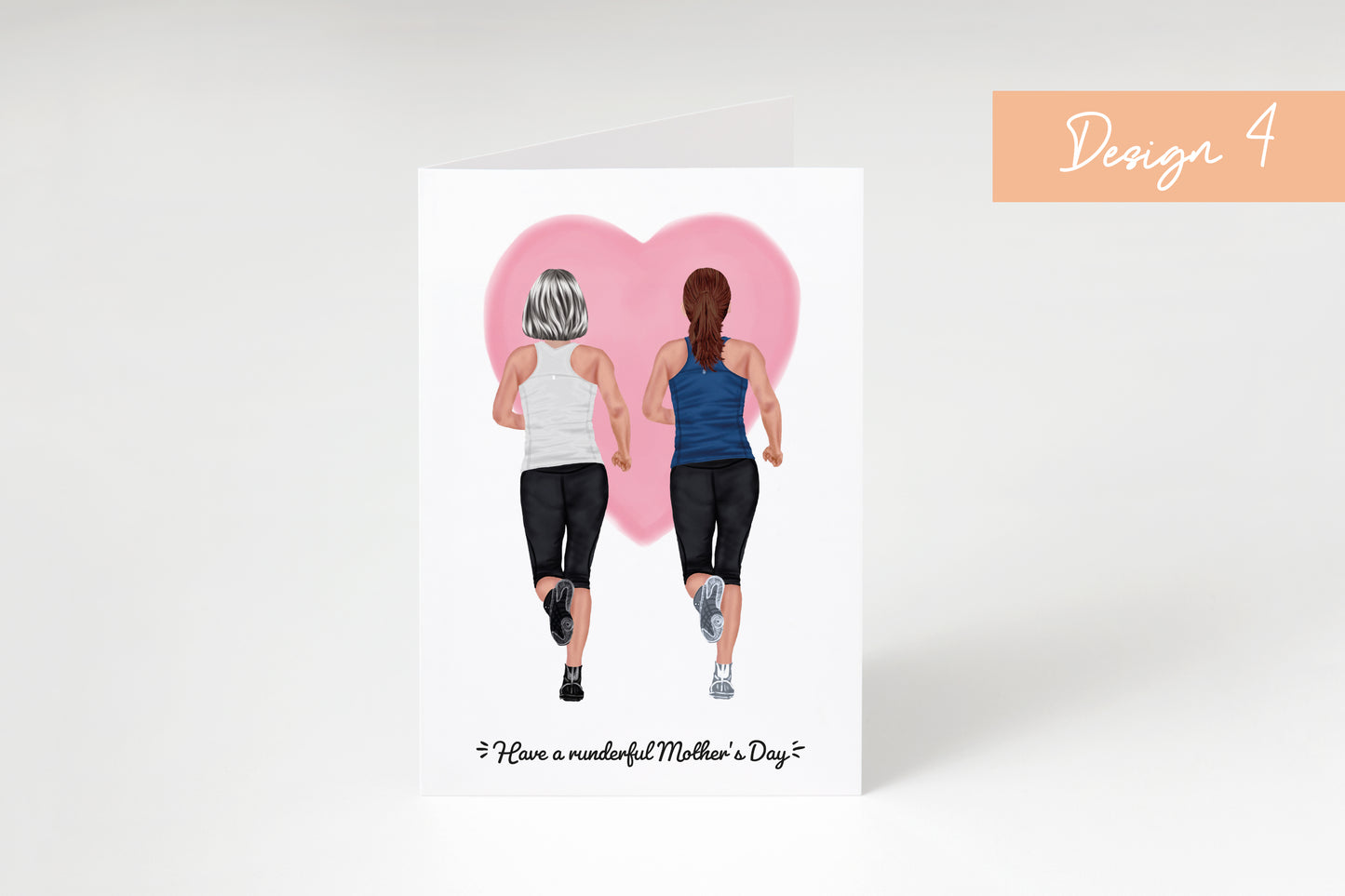 Illustration of two women running with a heart in the background, with text 'Have a runderful Mother's Day.'