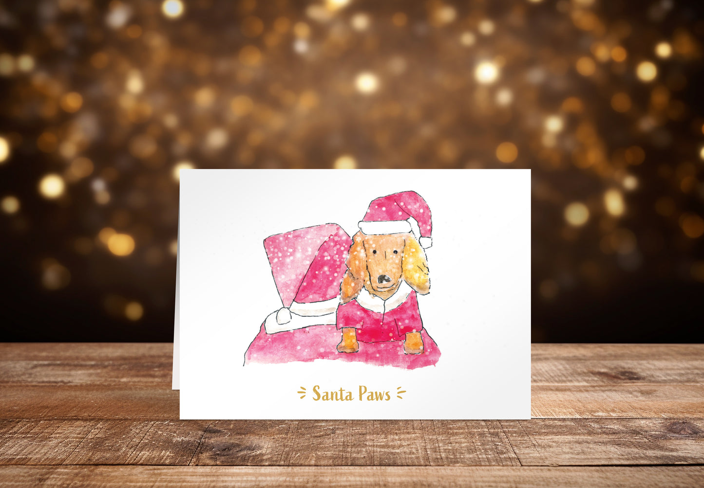Greeting card with a dog wearing a Santa outfit and hat, sat on Santa's shoulders. Santa is facing away from us. Snow in foreground. Wooden festive background.