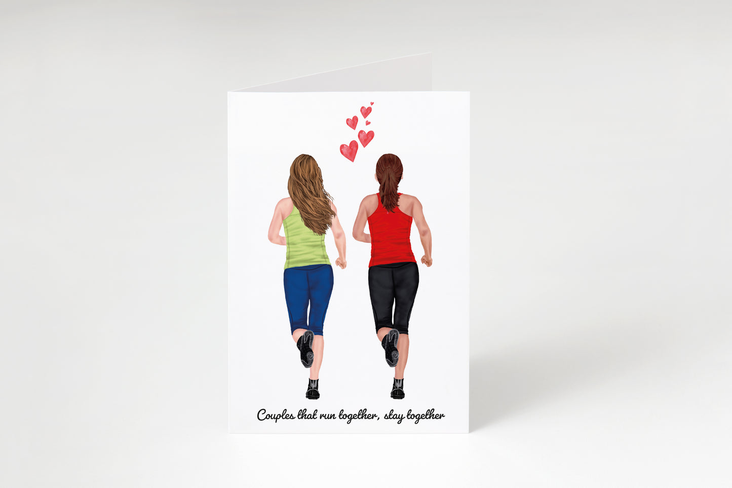 Illustration of two women running with heart shapes above them on a white background.