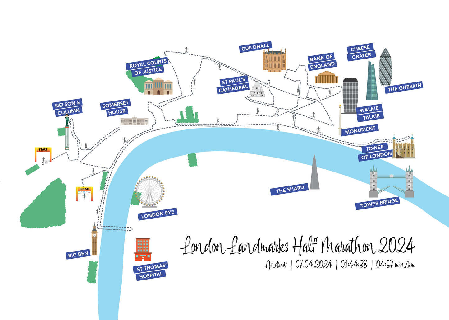 Personalised London Landmarks Half Marathon Map