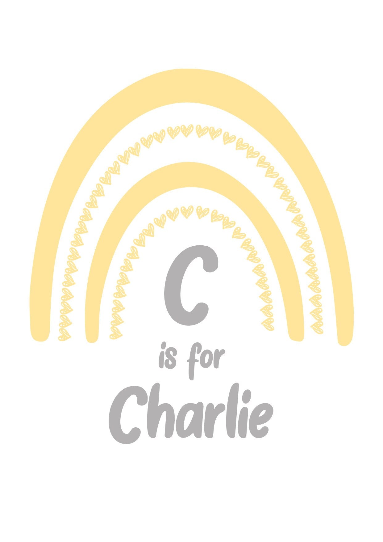 Yellow rainbows with a letter 'C' and text 'C is for Charlie' on a white background