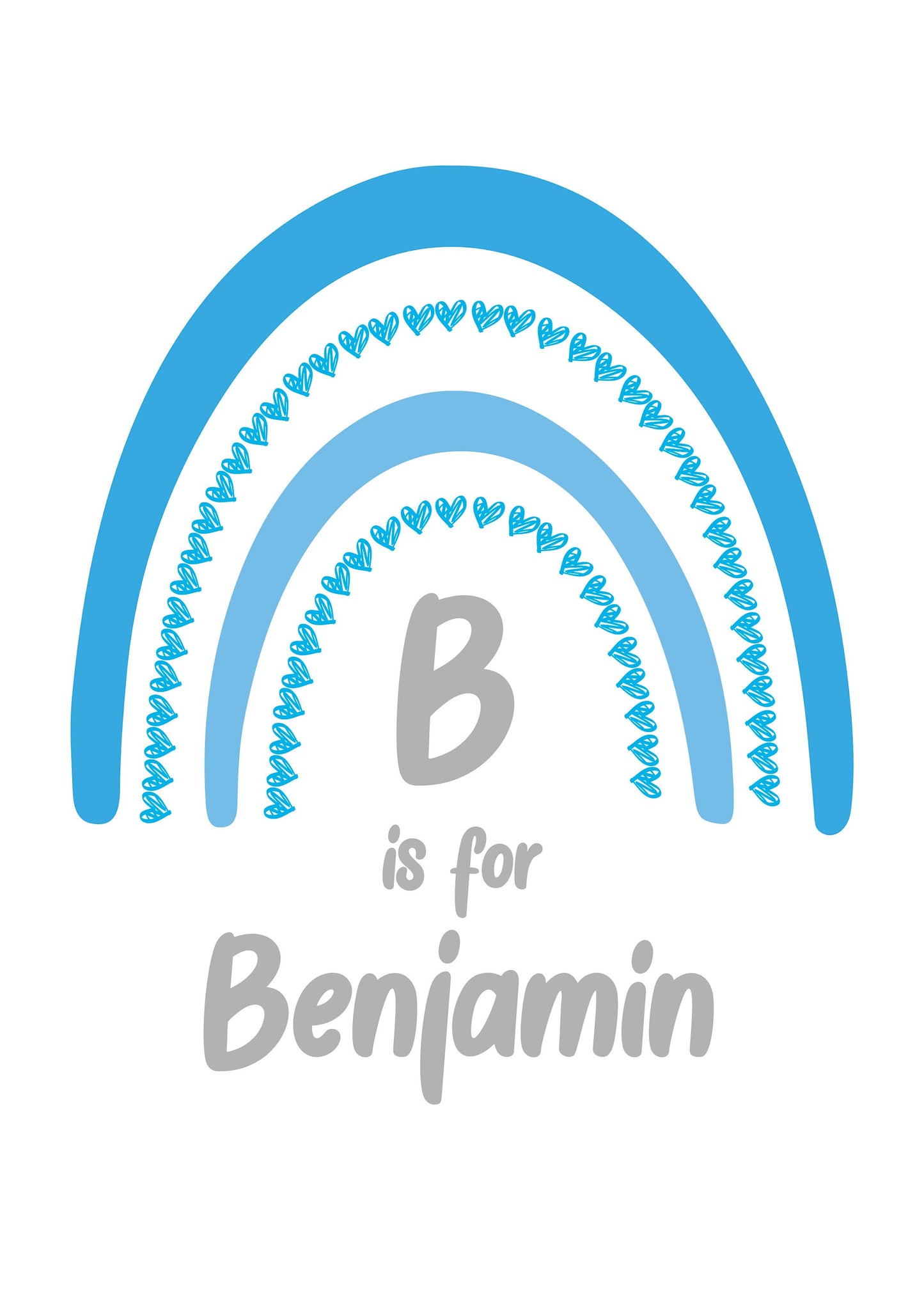 Blue rainbow with hearts and 'B is for Benjamin' text on a white background