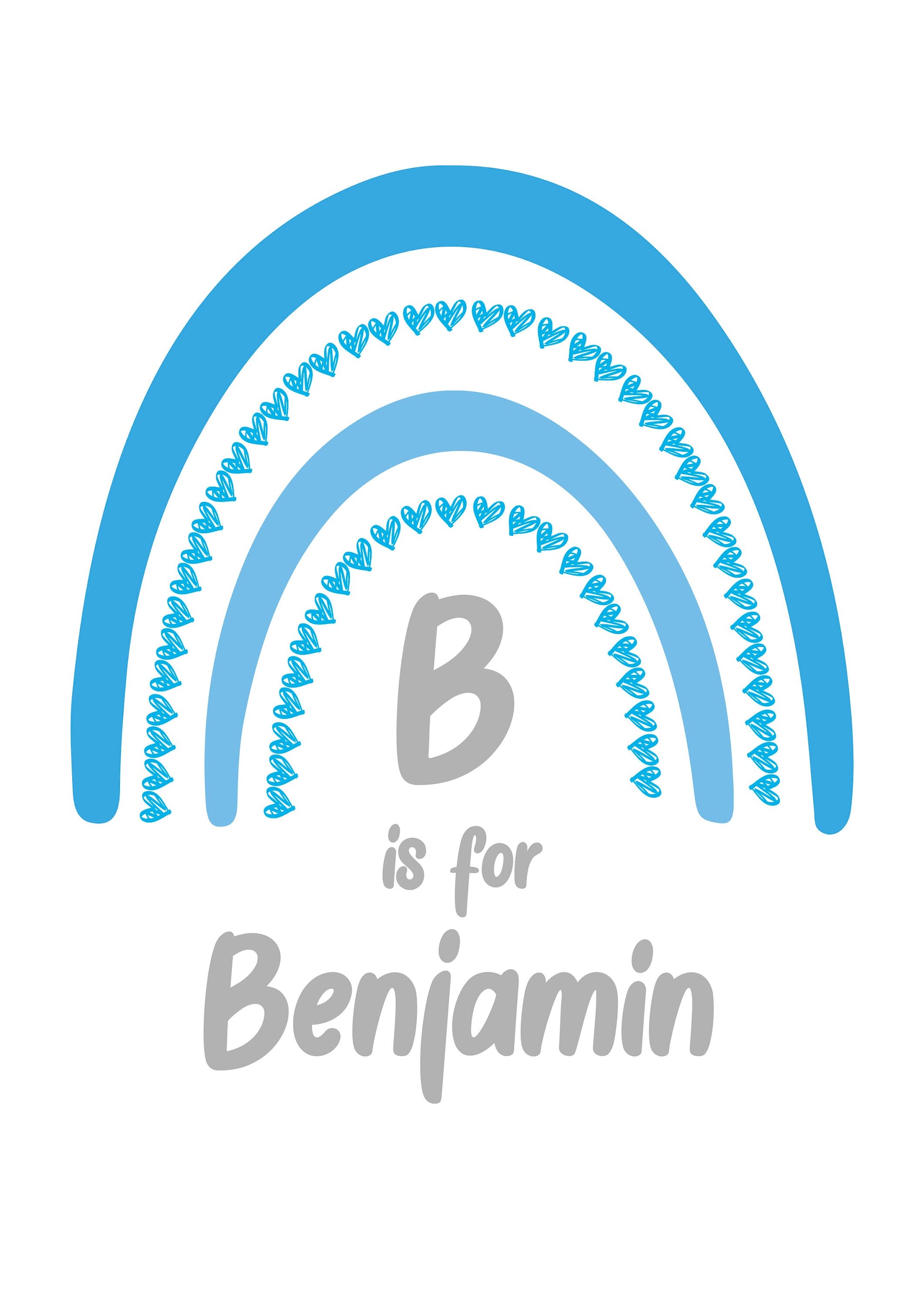 Blue rainbow with hearts and 'B is for Benjamin' text on a white background