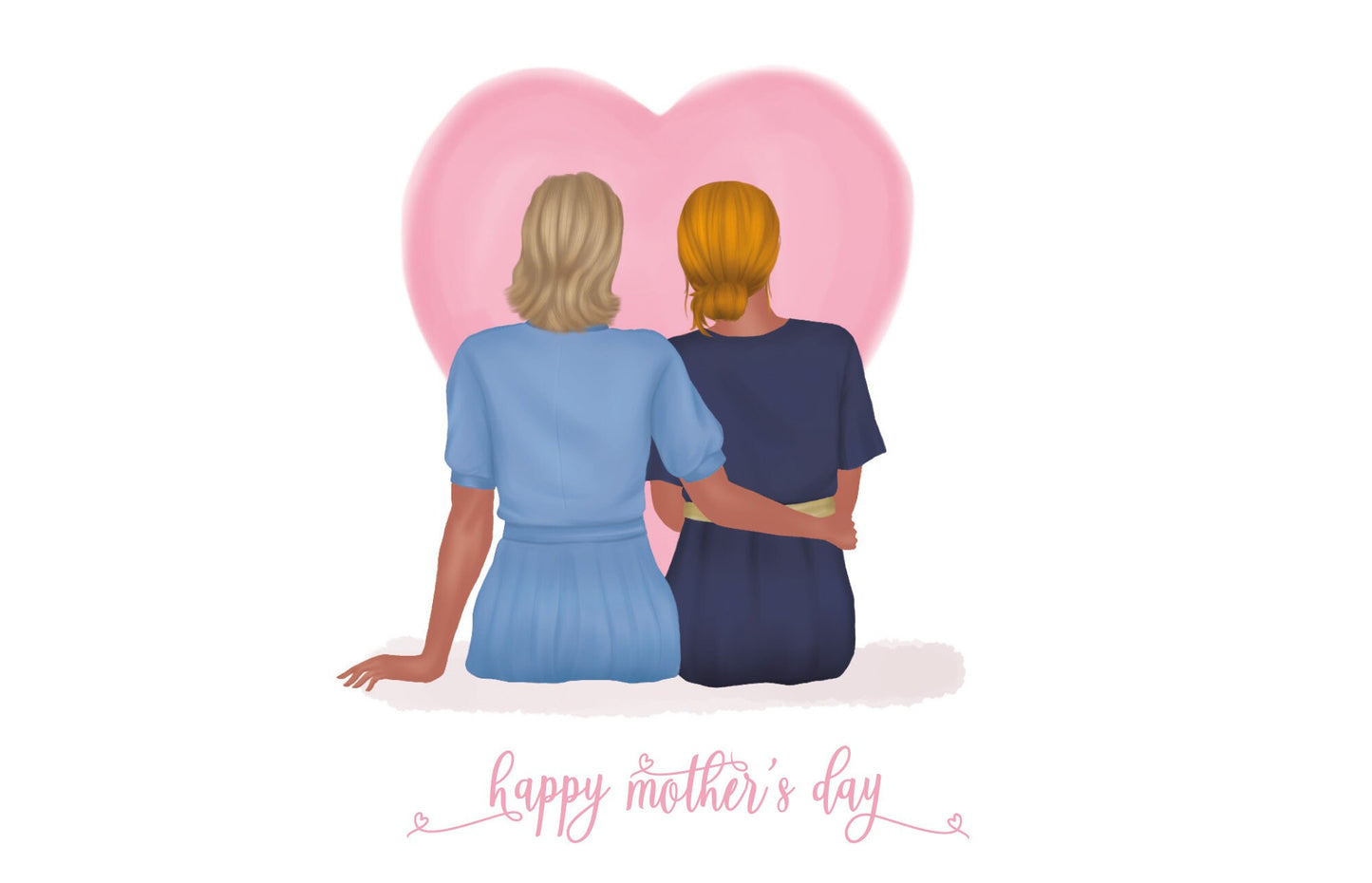Two women sitting back-to-back with a pink heart behind them, celebrating Mother's Day.